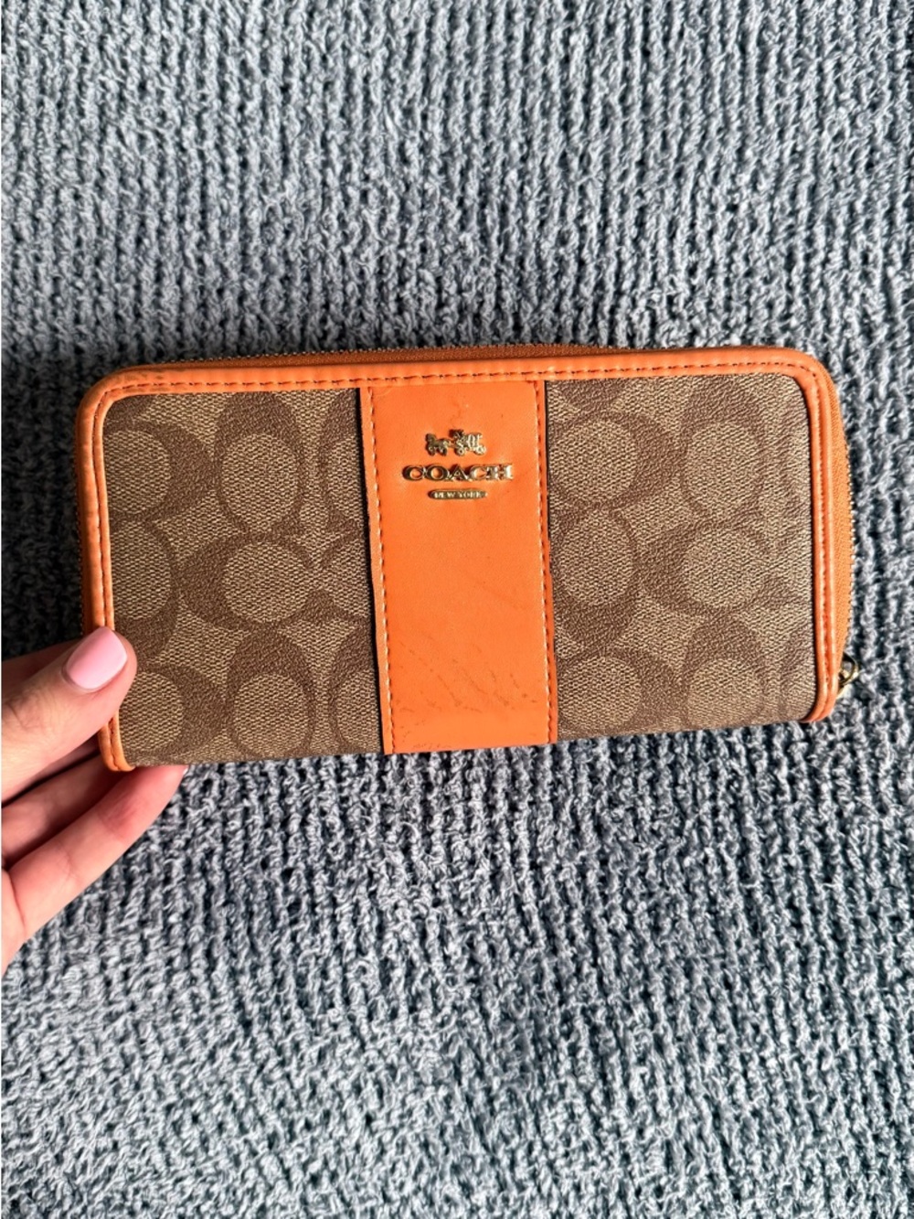 Coach Brown Signature Zip Wallet with Orange Trim